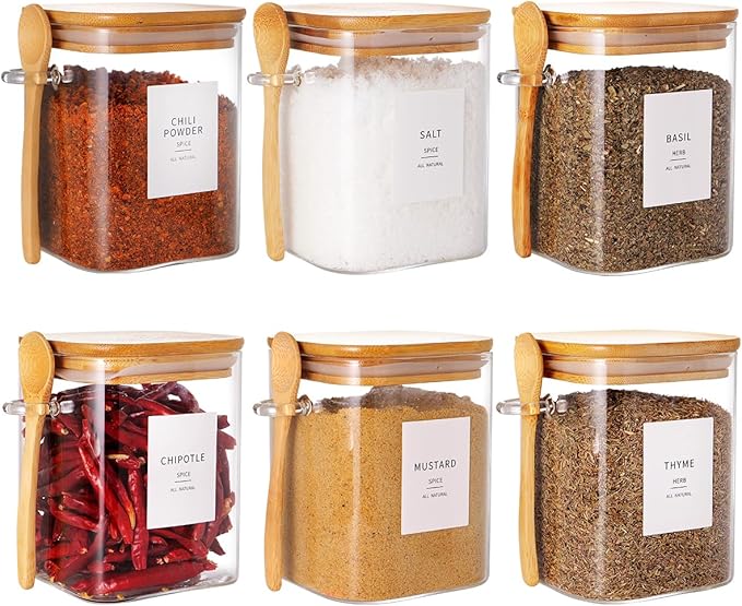 HHMJSM 6 Pcs Square Glass Jar with Bamboo Lid and Spoon - 27 oz Large Sugar Container with 148 Kitchen Pantry Spice Jar Labels Preprinted - Glass Containers with Wooden Lids Hold Coffee, Tea, Candy
