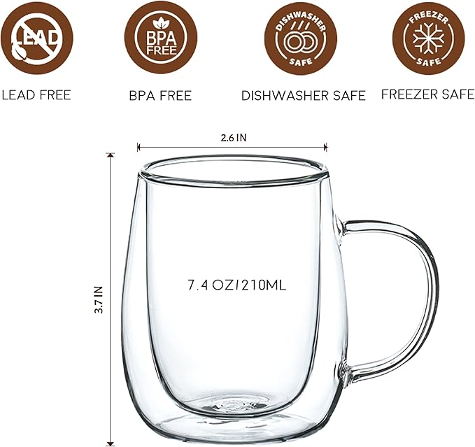 Wlasss Espresso Cups, 7.4oz/210ml Double Walled Glass Coffee Mugs Set of 4, Clear Hand Blown Insulated Glass Coffee Cups with Handle for Espresso, Cappuccino, Latte, Americano, Coffee Lovers Gift