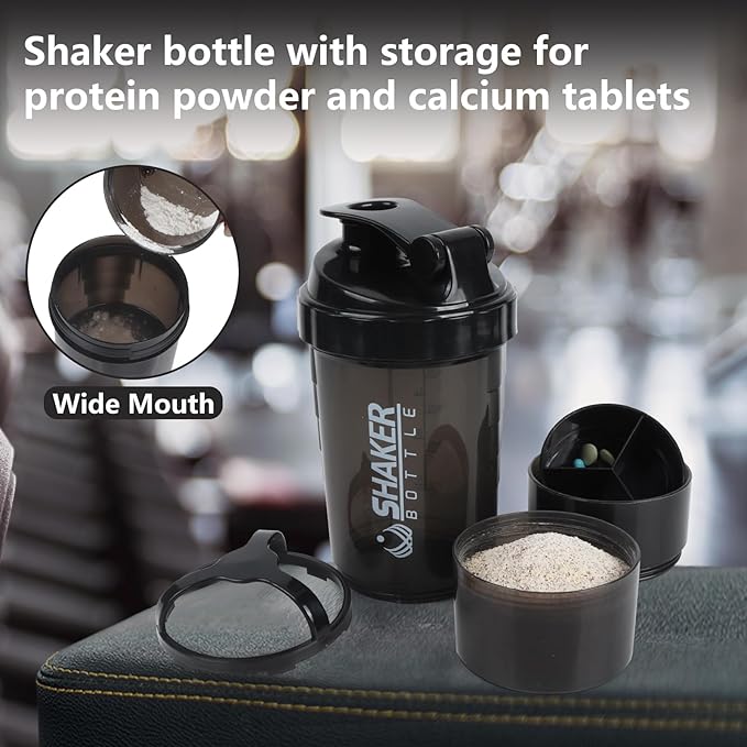 Protein Shaker Bottle,Sports Water Bottle,Leak Proof Shake Bottle For Protein Mixer- Non Slip 3 Layer Twist Off 3oz Cups with Pill Tray - Protein Powder 16 oz Shake Cup with Storage,Black