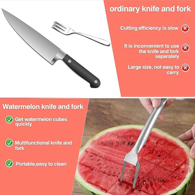Watermelon Cutter, 2-in-1 Stainless Steel Fruit Cutter, Dual Head Watermelon Fork Slicer Tool, Summer Fruit Cutting Kitchen Gadget for Home (1PCS)