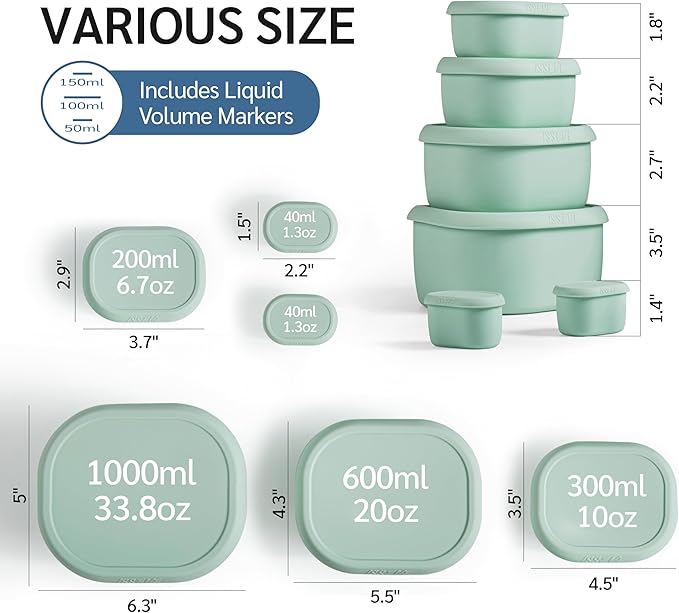 ISSEVE 6Pcs/Set Nesting Silicone Food Storage Containers with Lids, BPA Free Reusable Meal Prep Silicone Containers Lunch Box Bento Box Set (33.8oz, 20oz, 10oz, 6.7oz, 1.3oz) (Green)