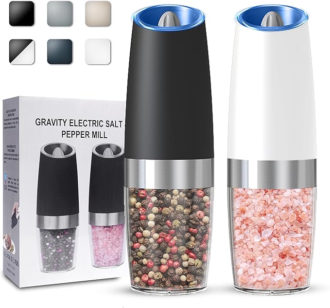 UNNEES Gravity Electric Salt and Pepper Grinder set of 2, Automatic Salt And Pepper Grinder Set, Adjustable Roughness, Battery Powered, LED Light, 2 Pack, (Black&White)