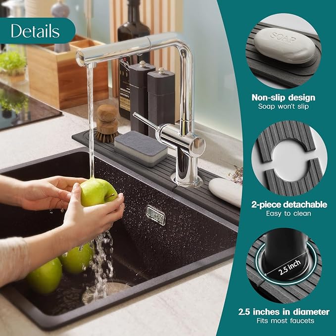 Eormoe Kitchen Sink Faucet Mat - 15.7in Diatomite Sink Protectors for Kitchen Sink, Stone Sink Splash Guard for Kitchen Counter Sink Accessories (Dark Grey, 15.7'' x 3.9'')