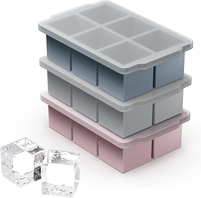 VLM 3 Packs Large Ice Cube Molds with Stackable Lid,Silicone Ice Cube Tray for Freezer,Big Square Ice Tray for Whiskey,Cocktails,Bourbon and Soups (Set 5)
