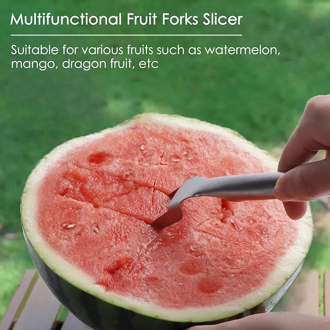 KAYCROWN Stainless Steel Watermelon Fork Slicer, 2-in-1 Quick Cutting Dual Head Watermelon Cutter Fork, Portable Hanging Fruit Forks Slicer for Home Party Camping Kitchen Practical Gadget, Pack of 2