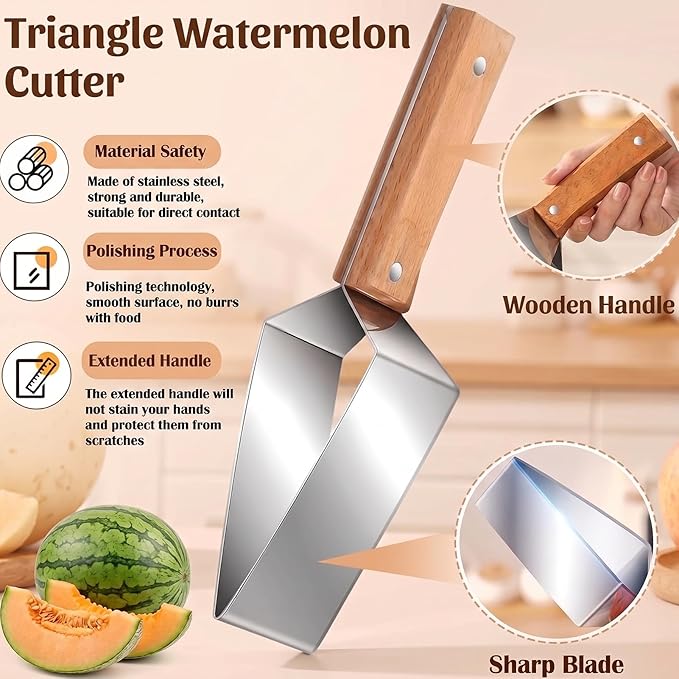 Triangle Watermelon Cutter, 2026 Precision Watermelon Cutter Slicer Tool, Stainless Steel Watermelon Cutter with Wooden Handle - Melon Slicer, Fruit Cutter for Kitchen, Picnic & BBQ (2Pcs)