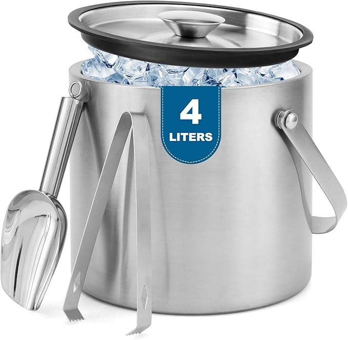 Ice Bucket, 4L Double Wall Insulated Ice Bucket with Lid,Scoop,Tongs- Inner Layer 304 Stainless Steel Ice Container Keep Ice Frozen Longer- Ideal for Cocktail Bar,Parties,Chilling Beer Win