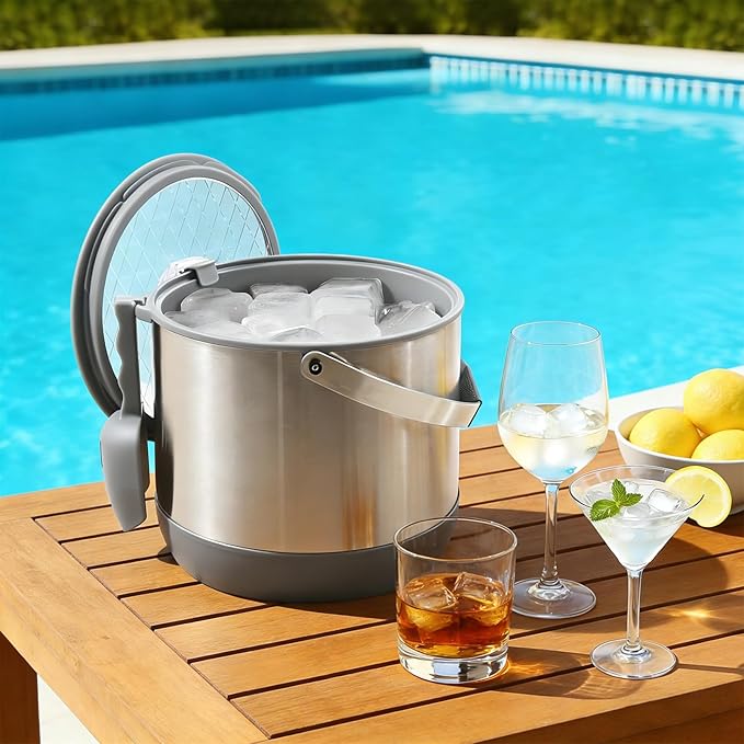 5QT/4.8L Insulated Ice Bucket for Parties, Large Capacity Double-Wall Beverage Bucket with Scoop & Lid for Champagne, Wine, Cocktail (Gray)