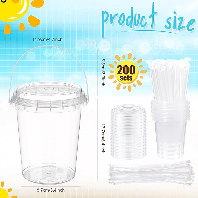 Funnymoom 200 Set 34oz Clear Plastic Drink Buckets with Lids and Straws Disposable Iced Coffee Cups Rum Buckets for Cocktail Parties Smoothie Cup Bulk with Handles for Beach Pool Party Supplies