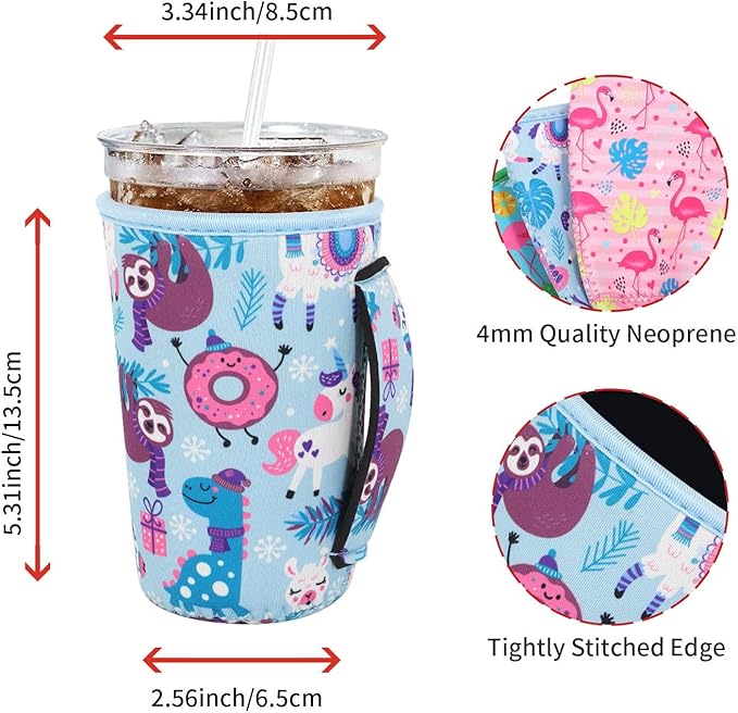 4Pack Reusable Iced Coffee Sleeve Insulator Sleeves for Cold Drinks Beverages, Neoprene Cup Holder for Most Coffee, Fits 22-24oz Medium Cups (Flamingo with handle)