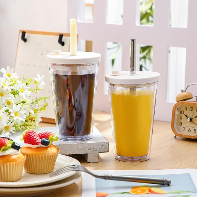 Honeydak 2 Pack 16 oz Reusable Iced Coffee Cups with Lids and Straws Leakproof Double Wall Insulated Clear Plastic Iced Coffee Tumblers with Straw Brushes