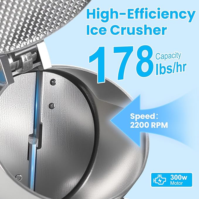 300W Dual Blade Ice Crusher, 178 lbs/hr Ice Shaver, Shaved Ice Machine with Stainless Steel Blades and Ice Pick for Home and Commercial Use, ETL-Listed, Silver