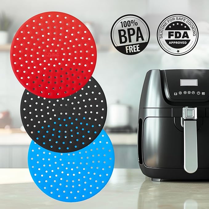 Reusable Air Fryer Liners 3 Pack for 5-7QT Fryers - 8" Round Silicone Air Fryer Liners - Easy to Clean Air Fryer Accessories - Non-Stick Parchment Paper Replacement