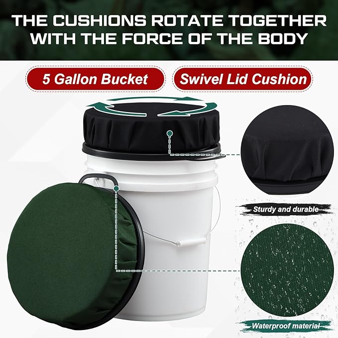 Reallnaive 2 Pcs 5 Gallon Bucket Seat Lid with 3.94" Thick Foam Cushion,360° Swivel Bucket Lid Seat for Hunting Ice Fishing Gardening Camping, Black & Green
