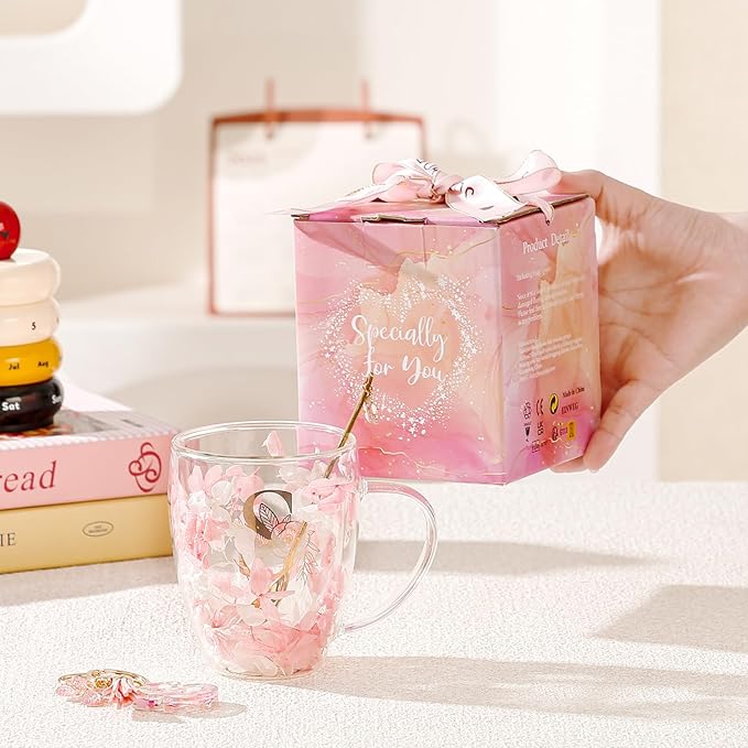 Gifts for Women Double Wall Flower Glass Coffee Mug Initial Glass Cup Personalized Monogrammed Birthday Wedding Christmas Graduation Valentine Mothers Day Gifts for Mom Wife Friends Coworker Bride (S)