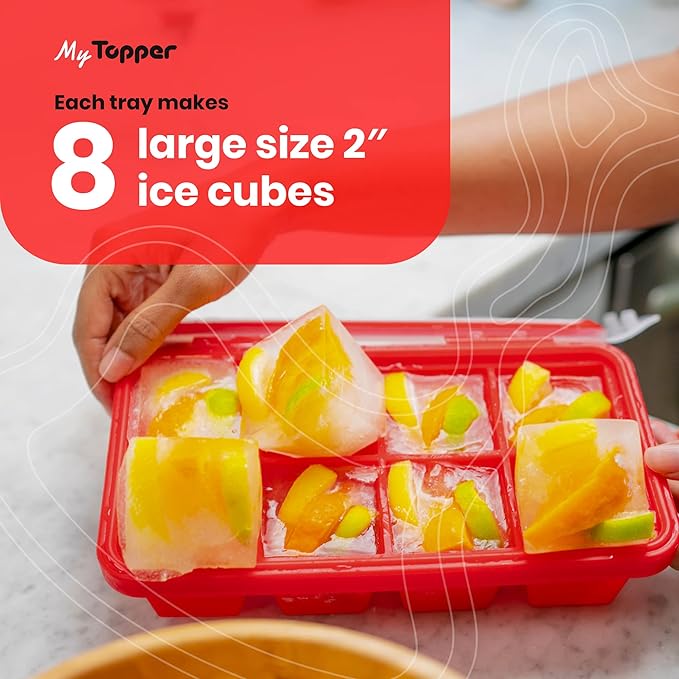 IceTopper XL Ice Cube Tray with Attached Lids - Easy Release Ice Cube Molds, 8 Large Cubes per Tray, Stackable, Microwave & Dishwasher Safe, 100% Food Grade Silicone, BPA Free & Recyclable (4 Pack)