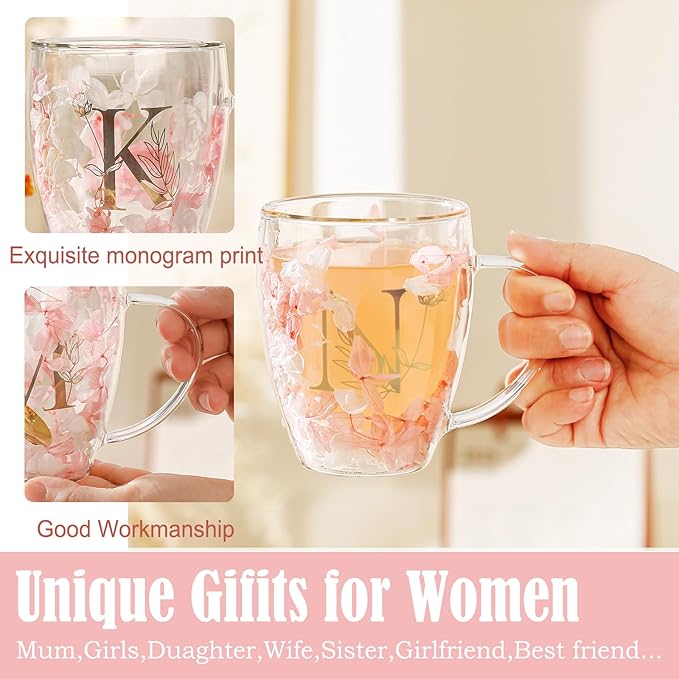 Personalized Gifts for Women Flower Glass Coffee Mug Initial Tea Cup Monogrammed Customized Bridesmaid Bride Wedding Gifts Graduation Gifts Valentine Mother's Day Birthday Christmas Gift (N)