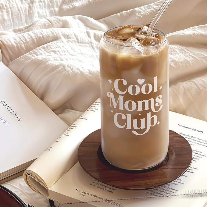 Mom Glass Can, Cool Mom Club Cup with Lid & Straw, Iced Coffee Aesthetic Cups, Idea Gift for Christmas Birthday Mother Day, Gifts for Women, 16oz