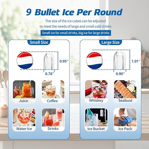 26LBS Per Day Portable Countertop Ice Maker, Self-Cleaning 2 Sizes of Bullet Ice Machine with Scoop and Basket, 9 Cubes in 6 min,Ideal for Home/Kitchen/Bar/Camping (Home, 26.5LBS/Day)