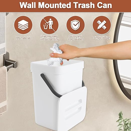 1.3 Gallon/5L Kitchen Compost Bin, Suitable for Countertops or Under Sink, Hanging Hook Trash Can with Lid, Ideal for Cabinets/Bathrooms/Bedrooms/Offices/Camping(White)