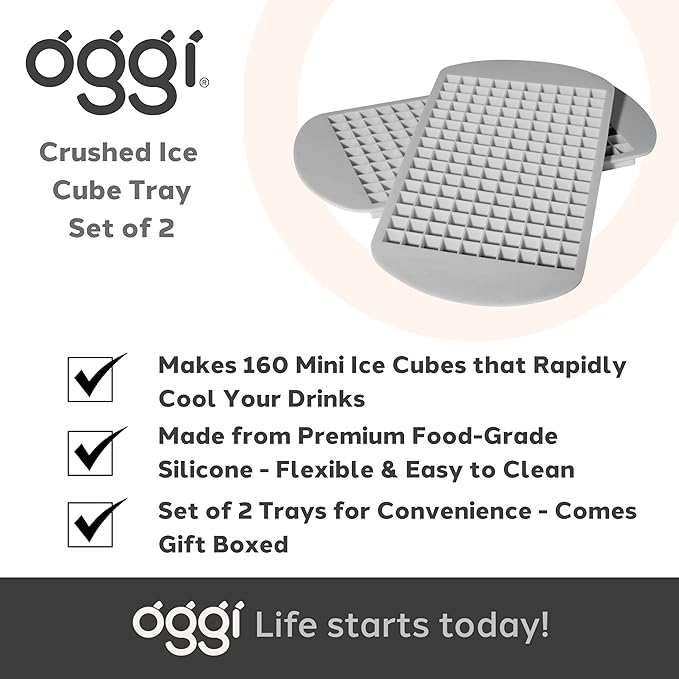 OGGI Small Ice Cube Tray, 2 Mini Ice Cube Trays, Tiny Ice Cube Maker, Flexible 160 Cavity Silicone Ice Trays for Freezer, Crushed Pebble Ice Cubes for Moscow Mules, Cocktails & Juices, BPA Free - Gray