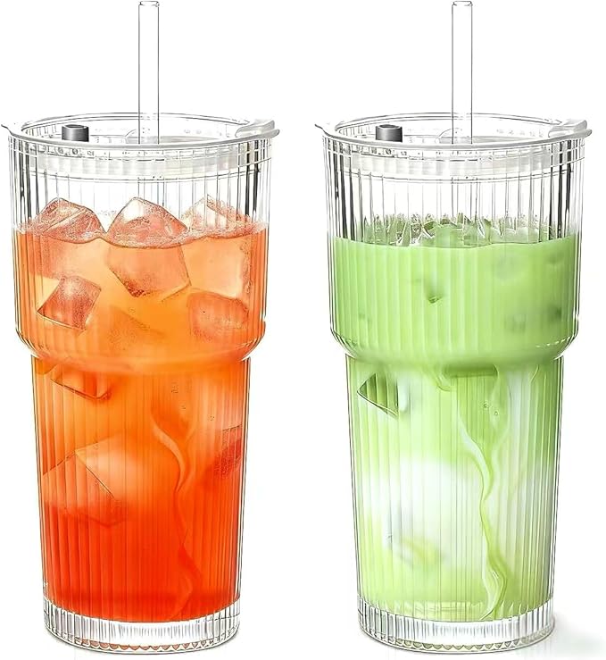 20 oz Glass Tumblers, Iced Coffee Cups with Lids and Glass Straws, Thickened Wall Glass Cups, Ideal for Smoothies, Cocktails, and Juices – Vintage and Durable Drinkware –2 Pack
