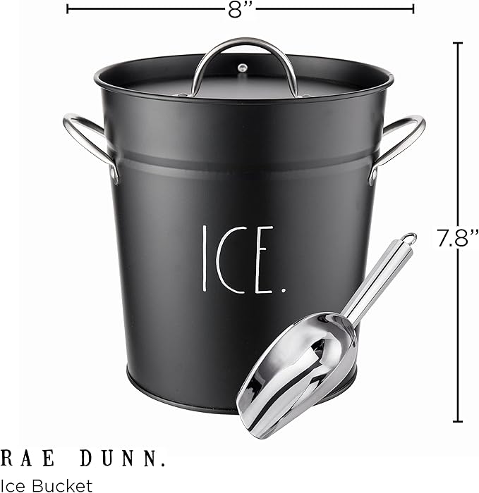 Rae Dunn Ice Bucket with Scoop - Stainless Steel Bucket with Handle, Lid and Ice Scooper - 4 Qt. Storage Bin for Ice Cubes for Bars, Parties, Backyard Barbeques, Picnics, and Camping (Black)