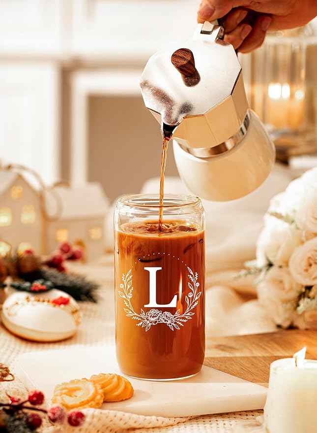 Personalized Gifts for Women, Monogrammed 16oz Glass Cups with Bamboo Lids and Straws, Customized Glass Tumbler, Cute Custom Mug, Customizable Initial Iced Coffee Glasses, Birthday Bridesmaid Mom, L