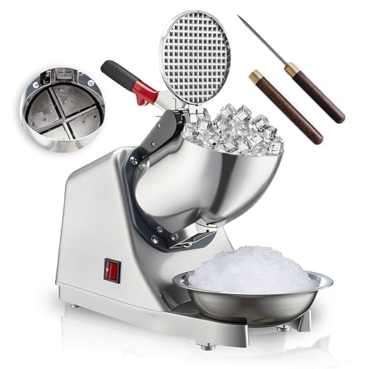 4 Blades Electric Ice Shaver 300W Snow Cone Maker Machine 143lbs/hr Shaved Ice Machine Stainless Steel Kitchen Electric Ice Crush with a Free Ice Pick and Ice Cube Tray
