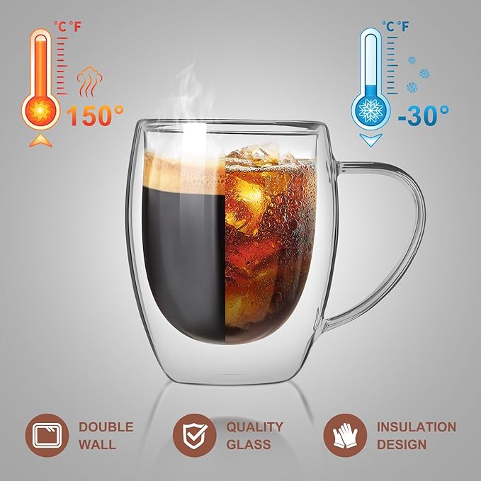 FrutPunch Double Walled Glass Coffee Mugs, Glass Coffee Mugs Set Of 2, Glass Coffee Cups with Handles, 12OZ, Suitable for Cappuccino, Latte, Espresso, Hot Drinks, Cold Drinks (2)