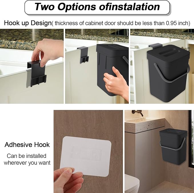 Compost Bin Kitchen, Includes 100 Trash Bags, Hanging Trash Can with Lid, Features Pet-Proof, Odor-Proof, and Quiet Opening/Closing. Suitable for Bathrooms/Bedrooms/Offices (Black, 0.8Gal/3L)