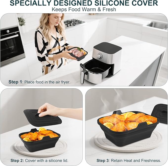 Silicone Air Fryer Liners Collapsible, 8.2 Inch Reusable Air Fryer Liners With lid-Long-lasting Freshness - Easy to Clean Air Fryers Pot for 5.8 to 8 Qt Baking Tray Oven Accessories, Black
