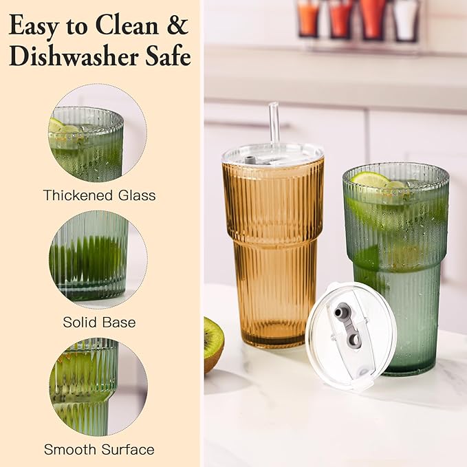 4PCS Colored Ribbed Glass Cups with Lids and Straws, 20oz Vintage Drinking Glasses, Aesthetic Iced Coffee Cups, Glass Tumbler for Boba, Beer, Tea, Cocktails, Ribbed Glassware Set,Colored
