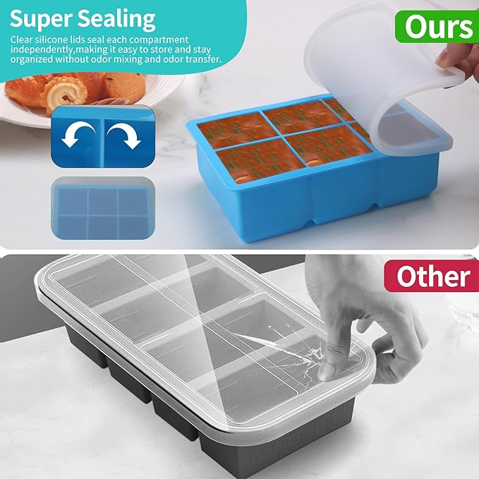 1/2-Cup & 1 Tbsp Silicone Freezer Molds - Perfect for Storing Garlic, Herbs, Ginger, Pesto, Tomato Paste, Freezing Soup,Stews,Sauces,Purees and More - Silicone Food Freezer Tray (Blue 2 Pack)