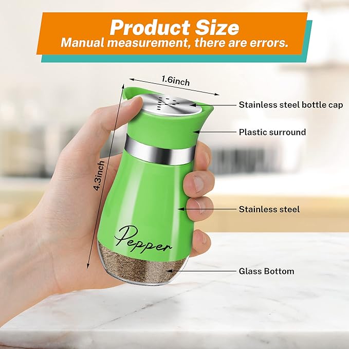 Salt and Pepper Shakers Set,4 oz Glass Bottom Salt Pepper Shaker with Stainless Steel Lid for Kitchen Cooking Table, RV, Camp,BBQ Refillable Design (Green)