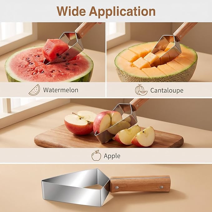 Triangle Watermelon Cutter, Wooden Handle & Stainless Steel Melon Slicer, Fruit Cutter Slicer for Home Kitchen Camping Picnic (2 Pcs)