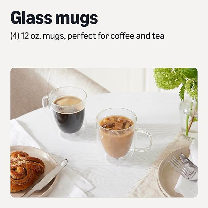 Amazon Basics Double Walled Glass Coffee Mugs, 4-Piece Set, 12 oz., Dishwasher-Safe