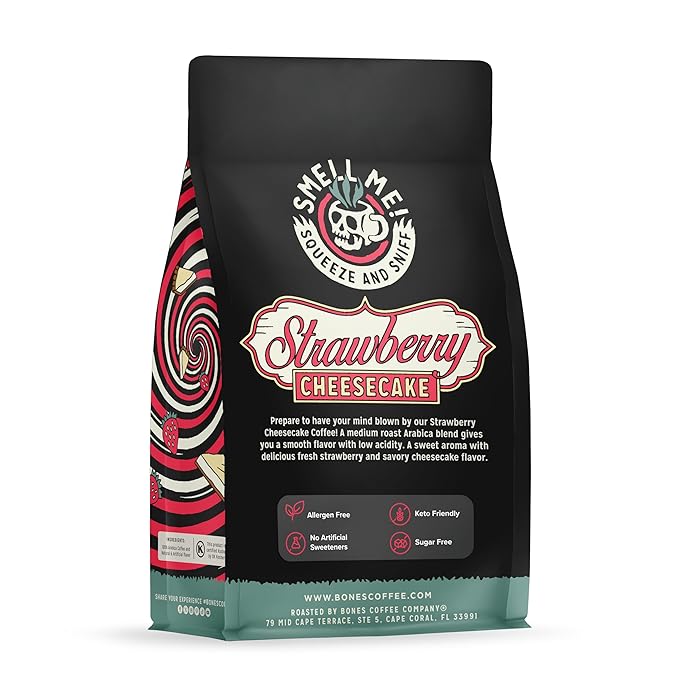 Bones Coffee Company Strawberry Cheesecake Flavored Coffee, Medium Roast Low Acid Arabica Beans Compatible with Auto drip and French Press Coffee Maker, 12 Oz Ground