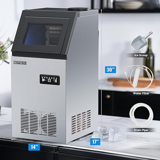 ROVSUN Commercial Ice Maker Machine 110LBS/24H with 2 Water Inlets, Freestanding Ice Machine with 24lbs Storage Bin, Ice Scoop & Water Filter for Home Office Restaurant Bar Cafe