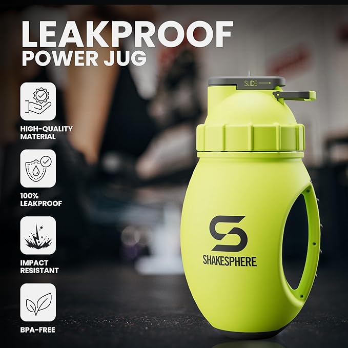 SHAKESPHERE Protein Shaker Bottle Jug 1.3L – Double Walled, Leak Proof Gym & Mixer Bottle, BPA-Free, Durable Design with Easy-Grip Handle, Silicone Base, and Clear Viewing Window – Fluorescent Yellow
