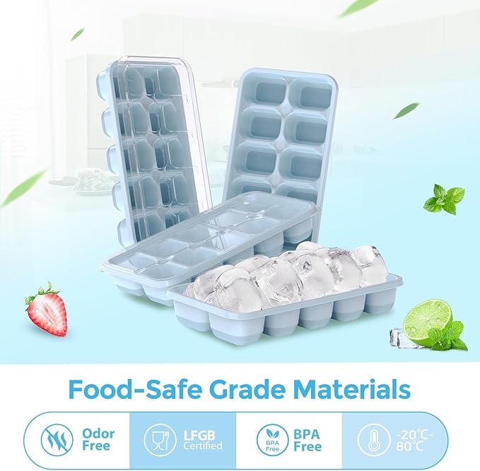 DOQAUS Ice Cube Tray with Lids - 4 Pack Stackable Silicone Ice Trays for Freezer, BPA & LFGB Safe, Easy Release for Kitchen, RV, Cocktail, Coffee, Soup & Food