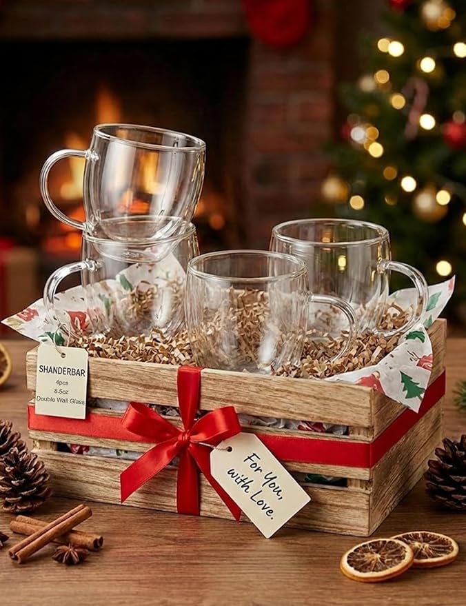 Set of 4 Double Walled Glass Coffee Mugs with Handles, 8.5oz Clear Coffee Mugs for Hot/Cold Beverages, Insulated Borosilicate Glass Cups for Cappuccino, Espresso, Latte, Tea, Milk, Microwave Safe