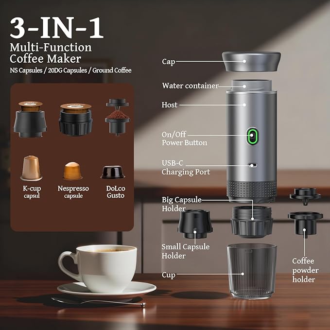 Portable Espresso Machine for Travel, Travel Coffee Maker 20-Bar Extraction, Coffee Maker Self-Heating with USB-C, Compatible with Ground Coffee & NS Capsule for Hiking and Camping (Green)