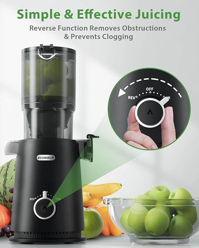 ECOSELF Cold Press Juicer - Large Mouth Hopper For Whole Fruits & Vegetables - Juicer Machines with Hands-Free Design - Slow Masticating Juicers High Juice Yield With Pusher - For Party Gathering