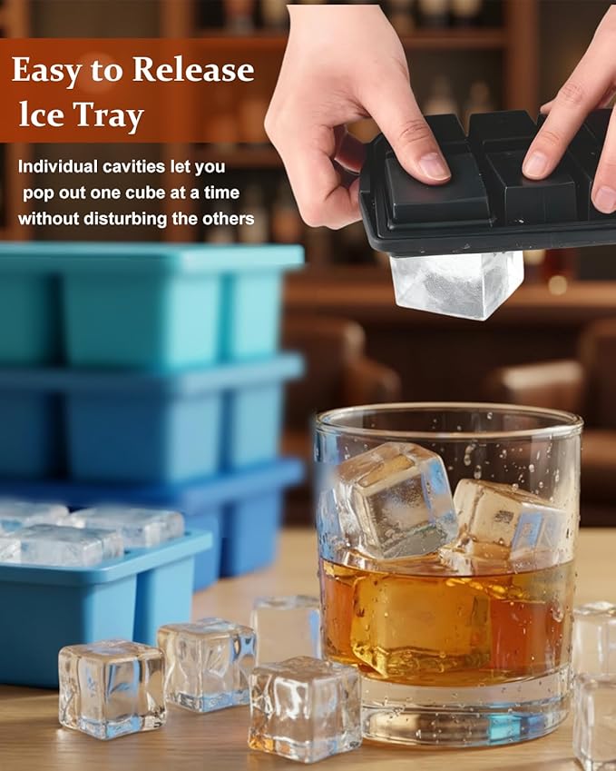 Large Silicone Ice Cube Trays with Lids, ZDPMK 4 Pack Large Whiskey Ice Cube Molds, Easy‑Release 2 Inch Square Big Ice Cube Molds for Freezer, Cocktails, Iced Coffee, Baby Food, Dishwasher‑Safe