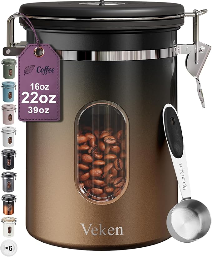 Veken Coffee Canister with Window,Airtight Stainless Steel Kitchen Food Storage Container, Date Tracker & Scoop for Grounds Coffee, Beans, Tea,Flour,Cereal,Sugar,22OZ,Copper