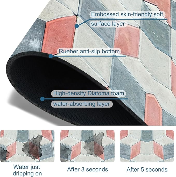 Red Gray Tile Sink Splash Guard Faucet Mat Red White Diamond Super Absorbent Fast Drying Mat Sink Gadgets-Splash Guard Behind Faucet Drip Catcher for Kitchen Bathroom, 15.5"x5.5"
