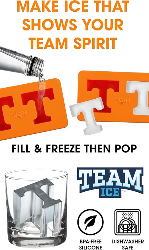 TEAM ICE - Tennessee Silicone Ice Cube Tray - Large Silicone Ice Cube Mold for Whiskey & Cocktails, Durable Ice Tray for Game Day Drinks, College Logo Ice Mold for Fans & Tailgate Parties