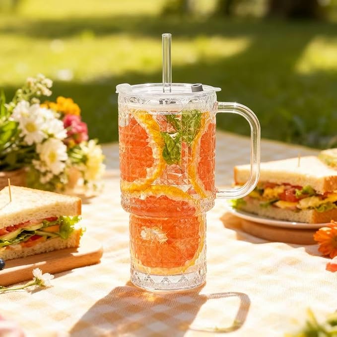 18oz Glass Tumbler with Handle & Lid – 2-Pack Iced Coffee Cups with Straws, Glass Mug for Cold & Hot Beverages Travel Cup for Smoothies, Tea, and Juice (clear-Gemstone pattern-2pack)