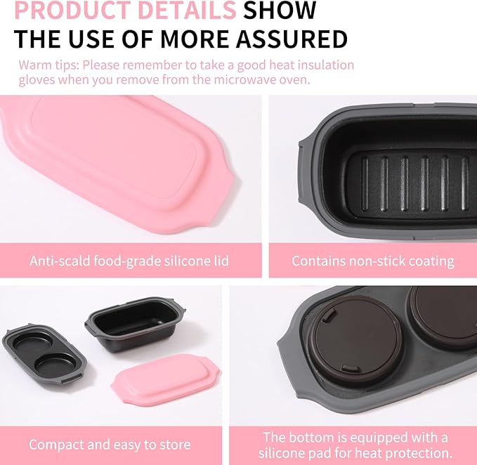 Microwave Egg Cooker, Egg Poacher, 2 Eggs fryer, Microwave Grill Sandwiches Maker, Quick-Heat 2-Piece Multi-use for Breakfast, Non-Stick, Dishwasher Safe, Portable for Home, Travel, Pink